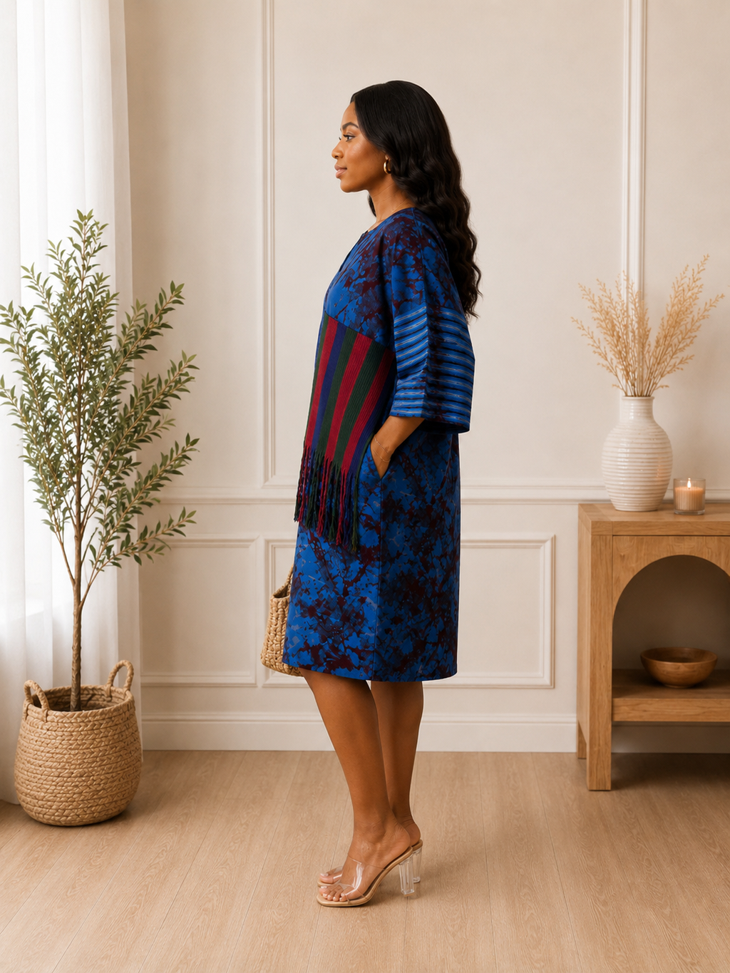 blue African-inspired print and relaxed tunic/shift style.