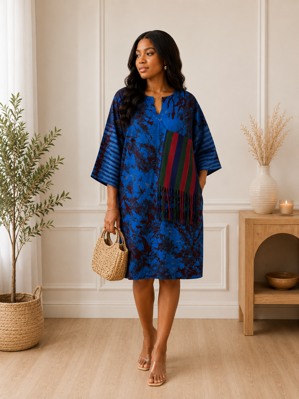 blue African-inspired print and relaxed tunic/shift style.