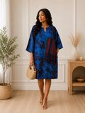 blue African-inspired print and relaxed tunic/shift style.