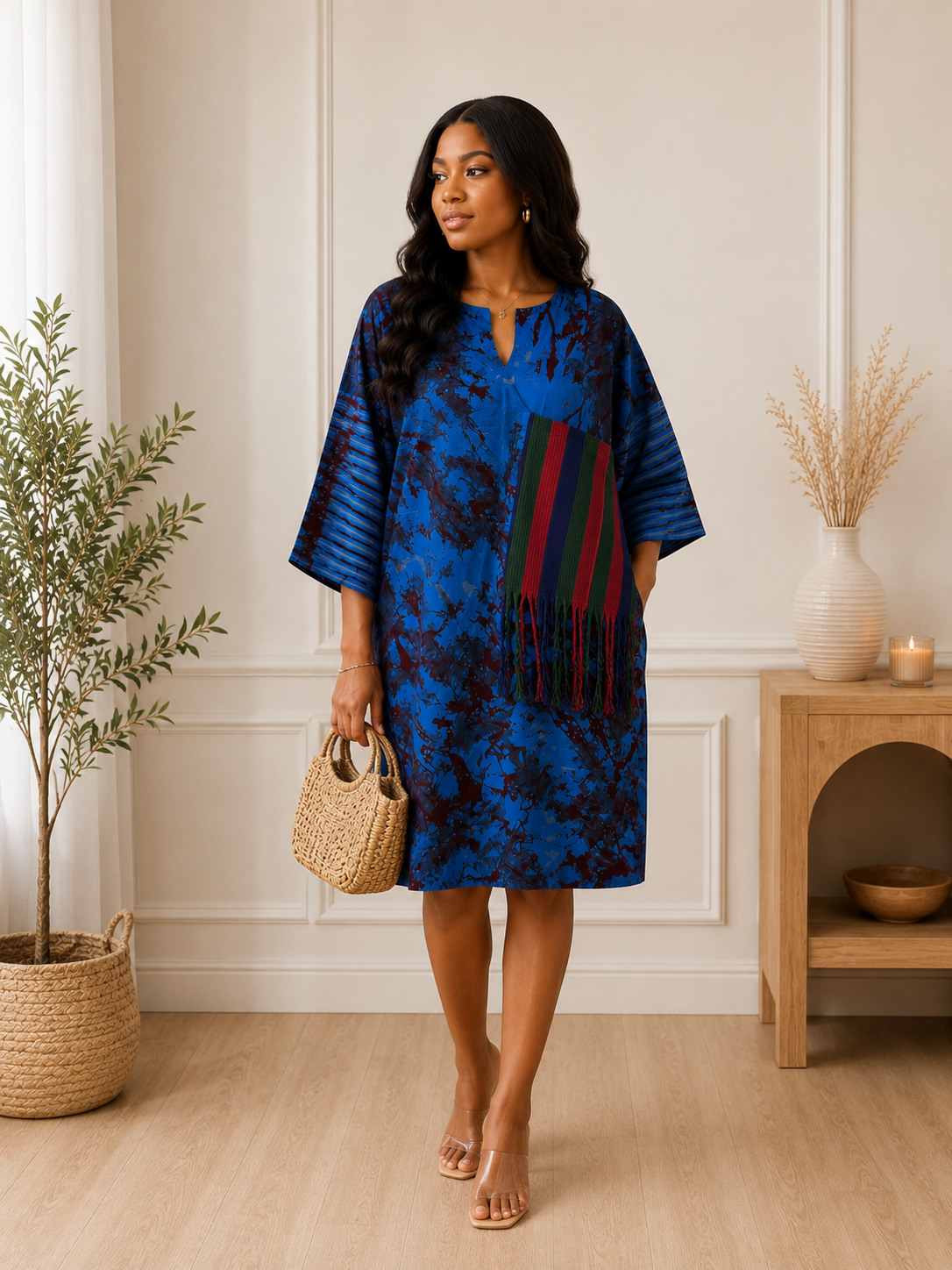 blue African-inspired print and relaxed tunic/shift style.