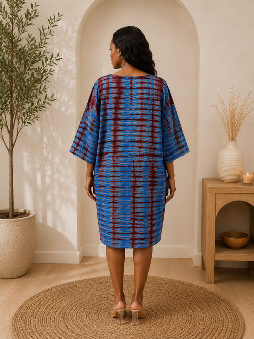 blue African-inspired print and relaxed tunic/shift style.