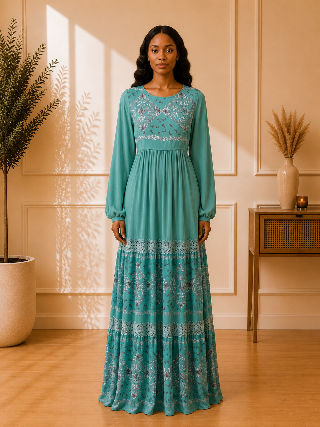 Teal Embroidered Maxi Dress