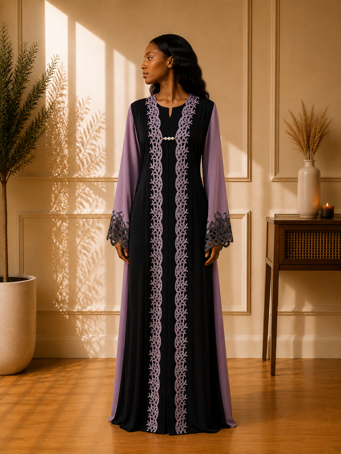 Noir Mauve Elegance Embroidered Abaya