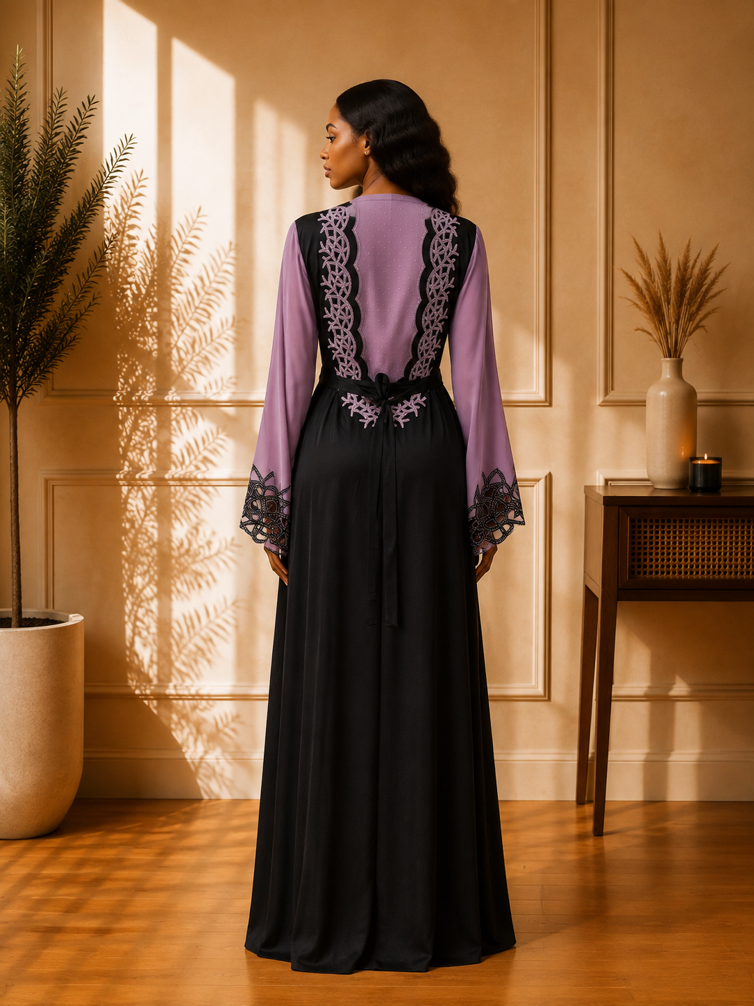 Noir Mauve Elegance Embroidered Abaya
