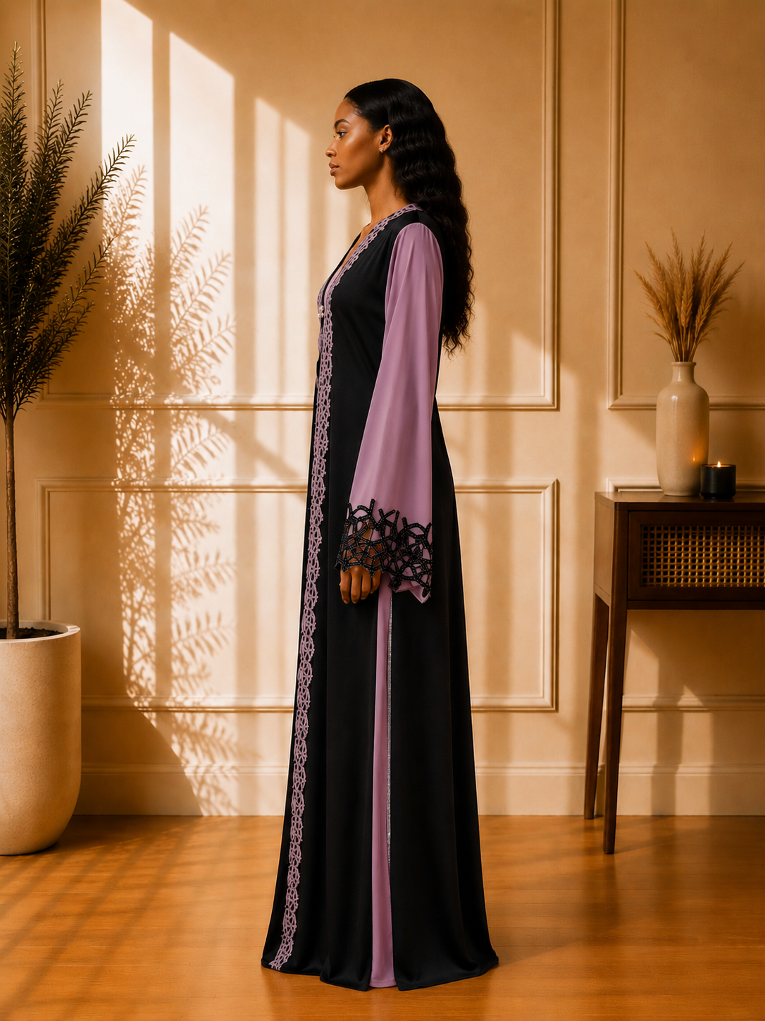 Noir Mauve Elegance Embroidered Abaya